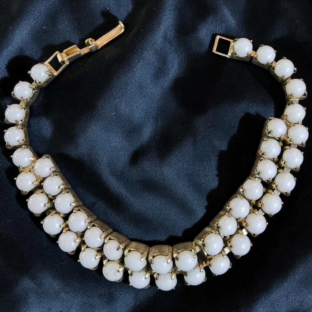 Vintage Coro Milk Glass Bracelet Double Row White Cabochons Gold Tone Signed